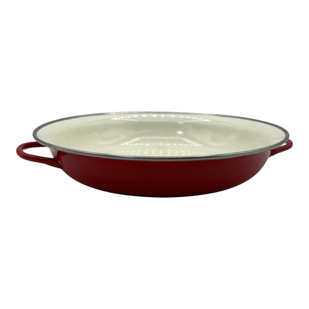 Vintage McM Red Enamel Paella Pan Round Shallow Saute‎ Dish  Duel Handles 9 Inch